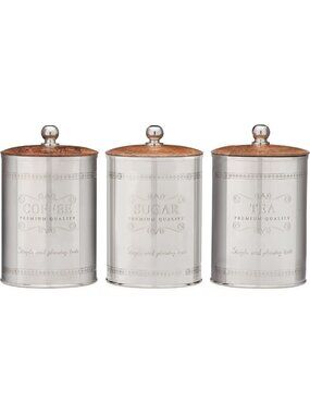 Vintage-Inspired 3PC Etched Canister Set for Tea, Coffee, Sugar - Silver/Wood